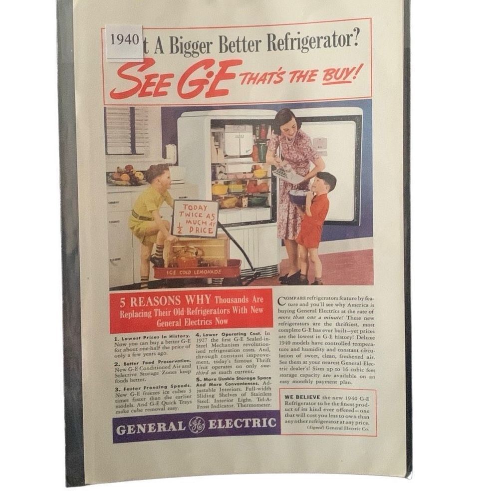 Vintage 1940 General Electric GE Bigger Better Refrigerator Ad Advertisement